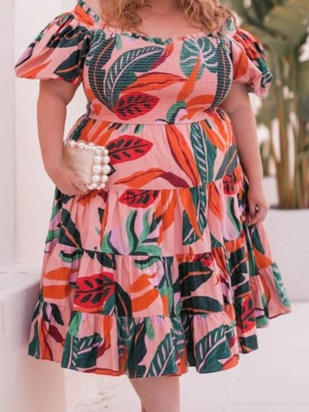 JessaKae Catalina Coral Pink Tropical Leaf Off-Shoulder Tiered Dress - Sz 6x